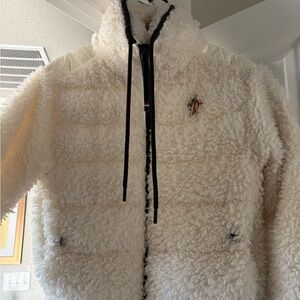 Moncler Women's Cream Sherpa Zip-Up Jacket with Black Trim